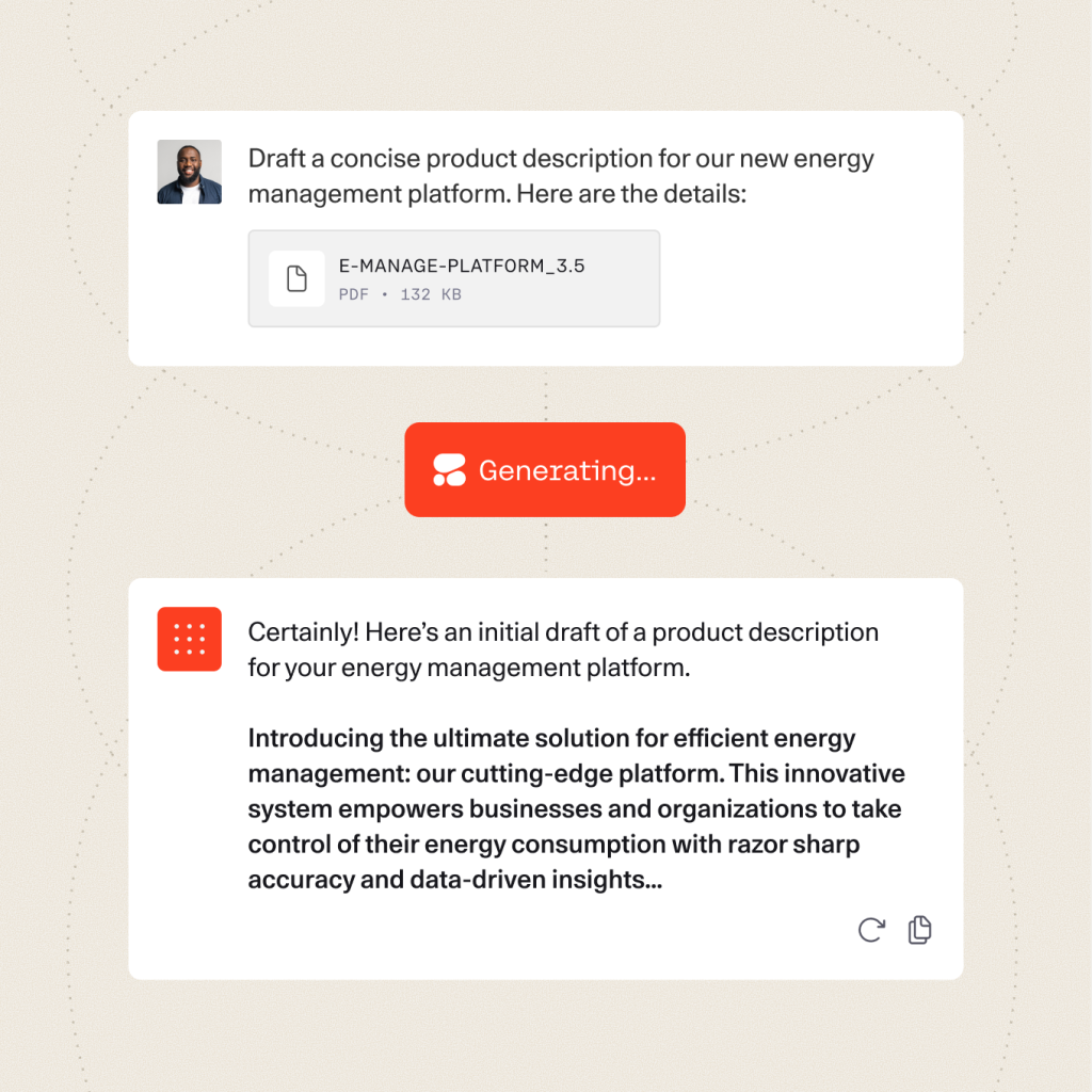 Illustration of Command interface generating a product description. The top section shows a user request with an attached PDF titled “E-MANAGE-PLATFORM_2.5,” followed by a “GENERATING” indicator. The bottom section displays the AI’s draft description for an energy management platform, highlighting features like efficiency, data-driven insights, and precise energy control.