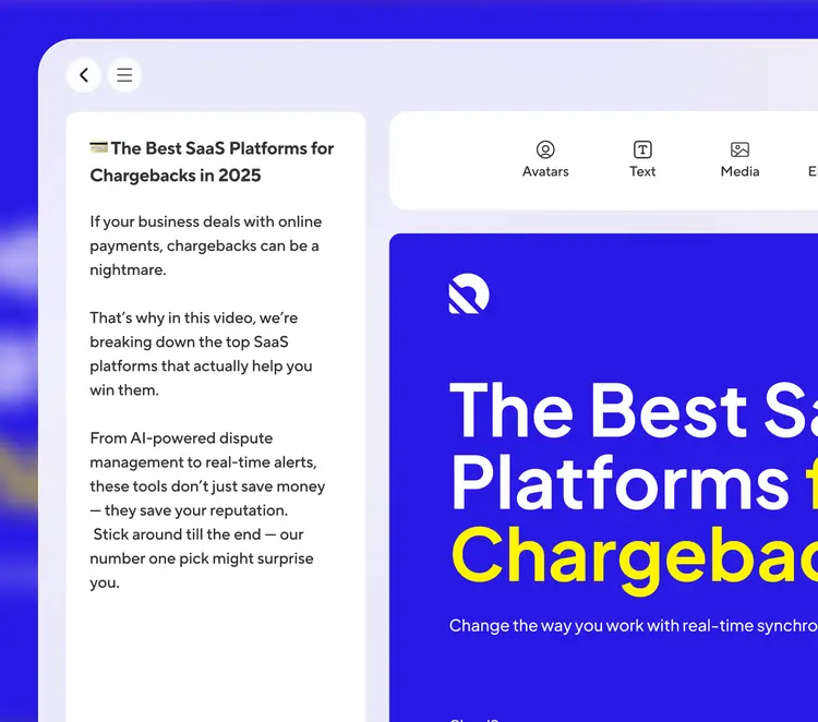 HeyGen interface showing an AI-generated video script and slide titled “The Best SaaS Platforms for Chargebacks in 2025”
