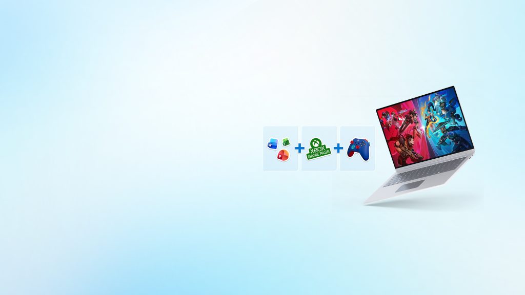 A surface laptop displaying gaming graphics on the screen, with three tiles showing icons for Microsoft 365 applications, Xbox Game Pass, and an Xbox controller.