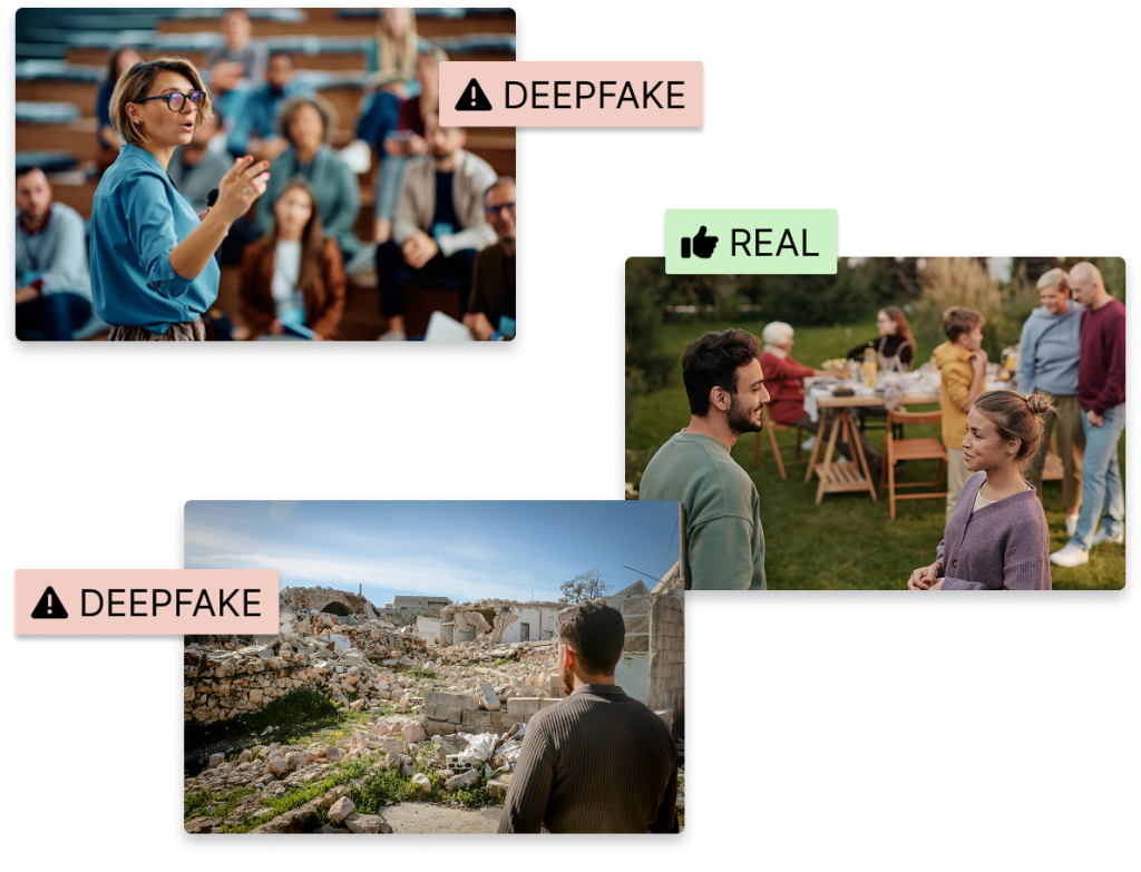 Deepfake and real media examples with labels
