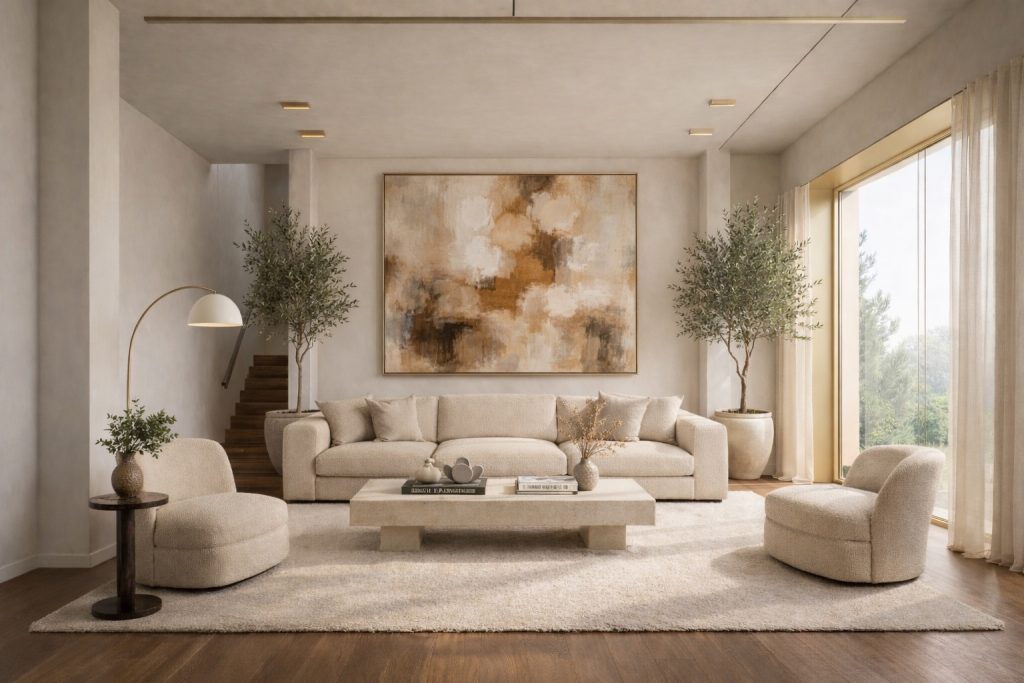 Architectural interior render — Decorated variant (abstract painting, olive trees, brass arc lamp, ceramic sculpture — editorial styling) generated by Renovato on OpenAI · GPT Image 1.5.