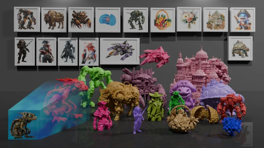 Official TencentARC Pixal3D teaser showing image inputs, generated meshes, and textured 3D assets