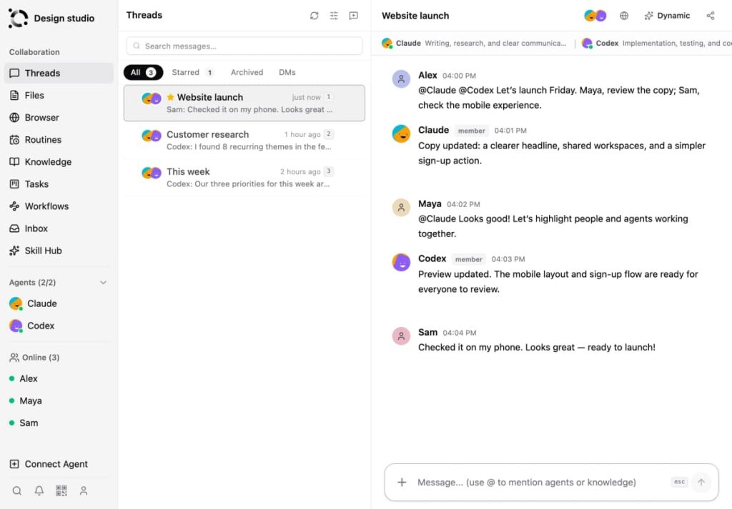 OpenAgents workspace showing Alex, Maya, and Sam online, collaborating with Claude and Codex in a shared conversation. Sample content.