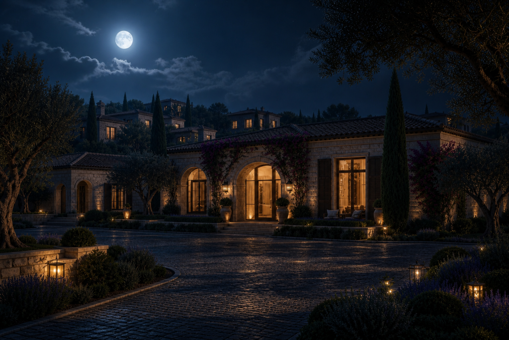 Same villa relit for twilight — warm interior pendants, deep shadows