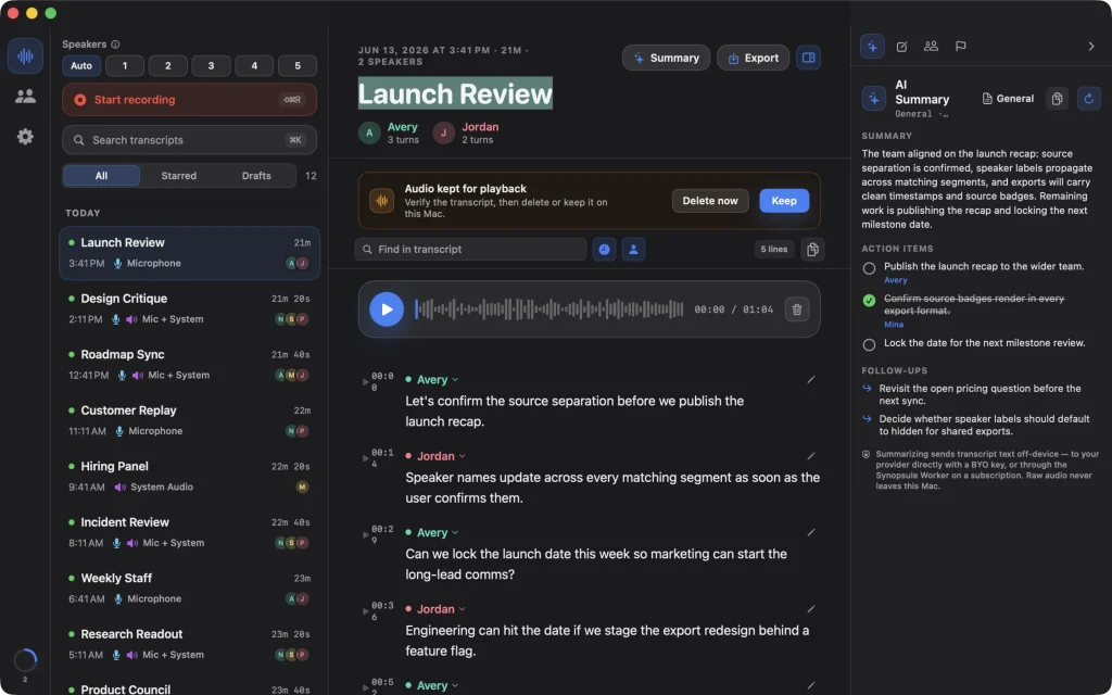 Synopsule on macOS: a recording library next to a labeled transcript and an opt-in AI summary
