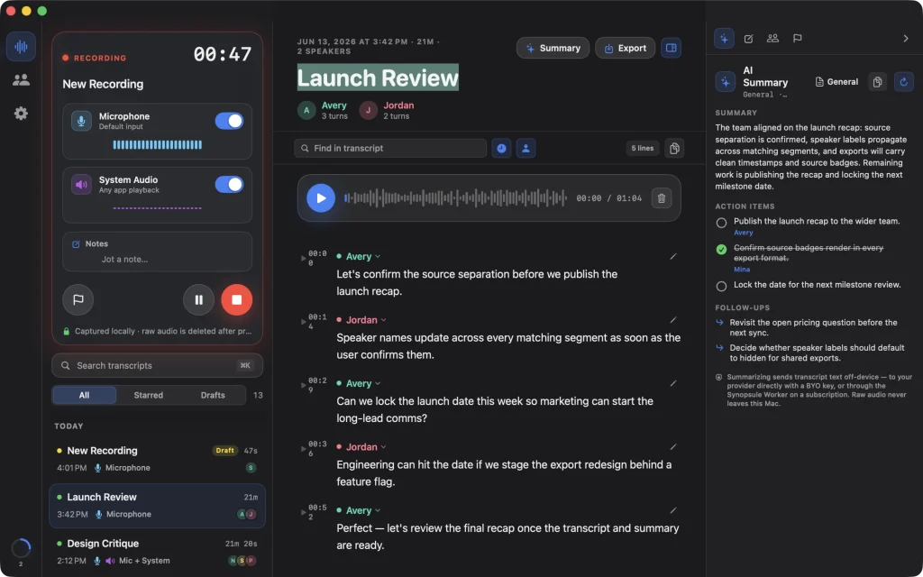 Synopsule recording on macOS with separate mic and system-audio level meters
