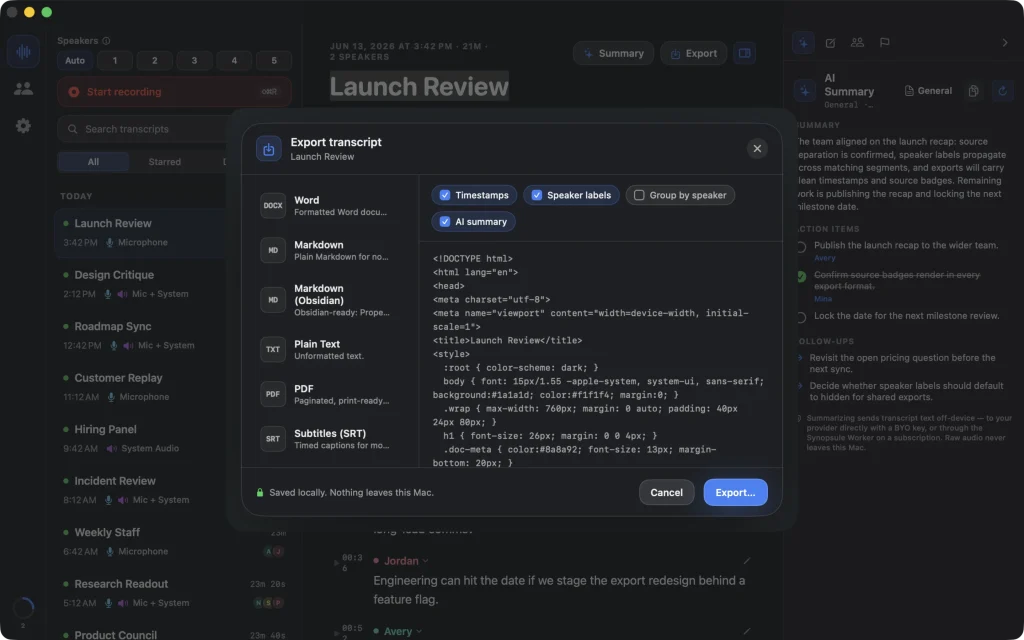 Synopsule export sheet on macOS with Word, PDF, Markdown, HTML, SRT, VTT and a live preview
