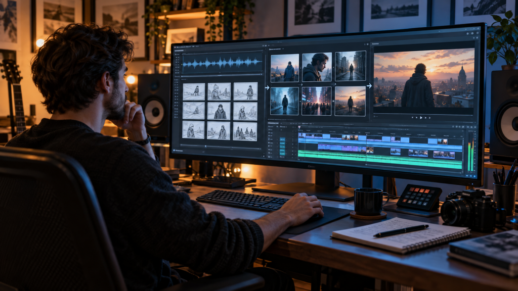 AI music video creator workflow using music, image, video and editing tools