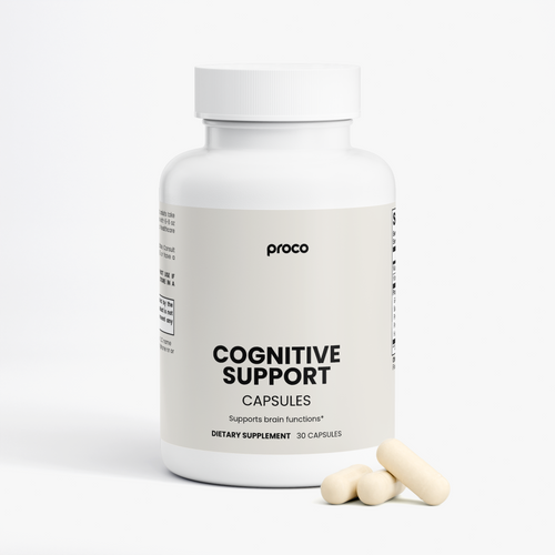 Proco Cognitive Support bottle with capsules beside it