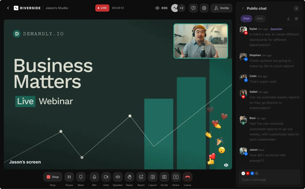 Live webinar titled 'Business Matters' on Demandly.io with a presenter speaking via video and a public chat showing audience questions and comments.