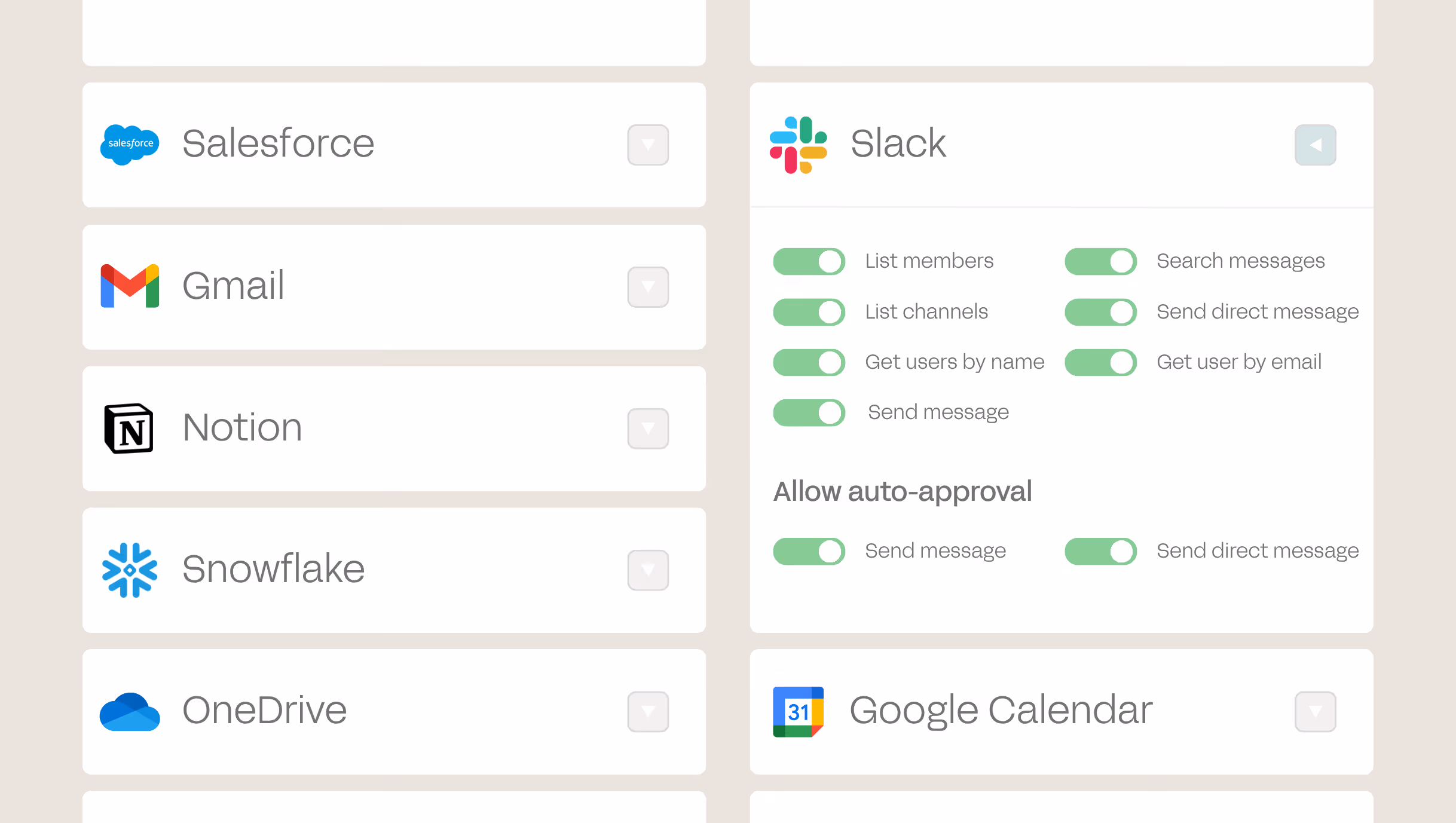 List of apps including Salesforce and Gmail with Slack options toggled on for messaging features.