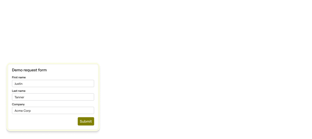 Demo request form with filled fields: First name Justin, Last name Tanner, Company Acme Corp, and Submit button.