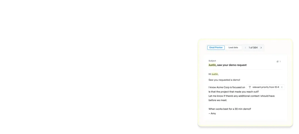 Email preview showing a message to Justin about a demo request and scheduling a 30-minute demo with Amy.