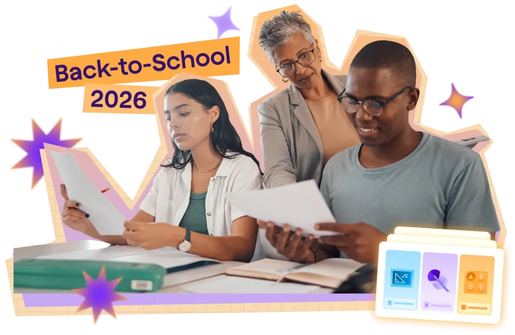 Teacher standing with two high school students reviewing documents together, surrounded by educational materials, with a colorful gradient background and "Back-to-School 2026" text overlay.