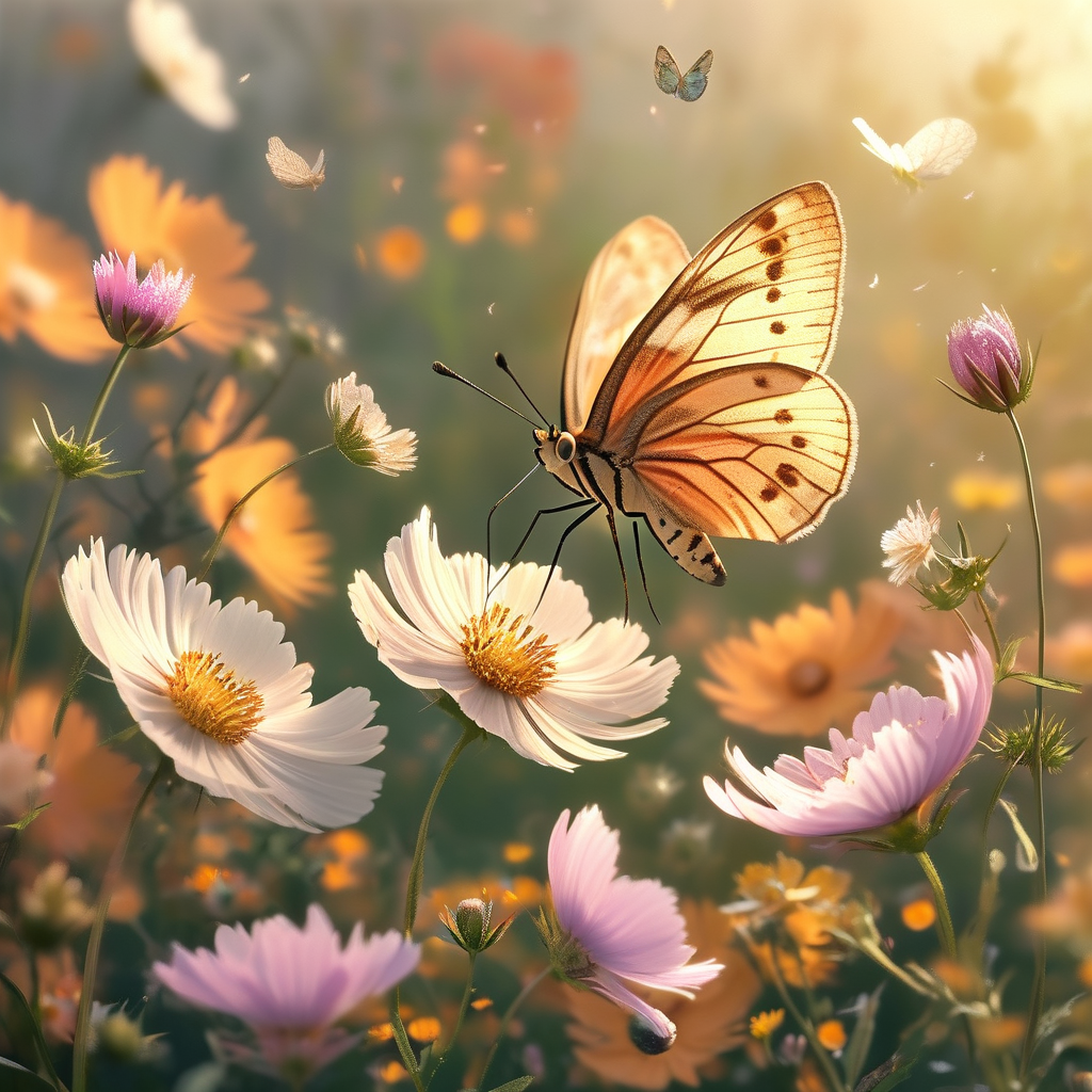 A butterfly fluttering among the flowers