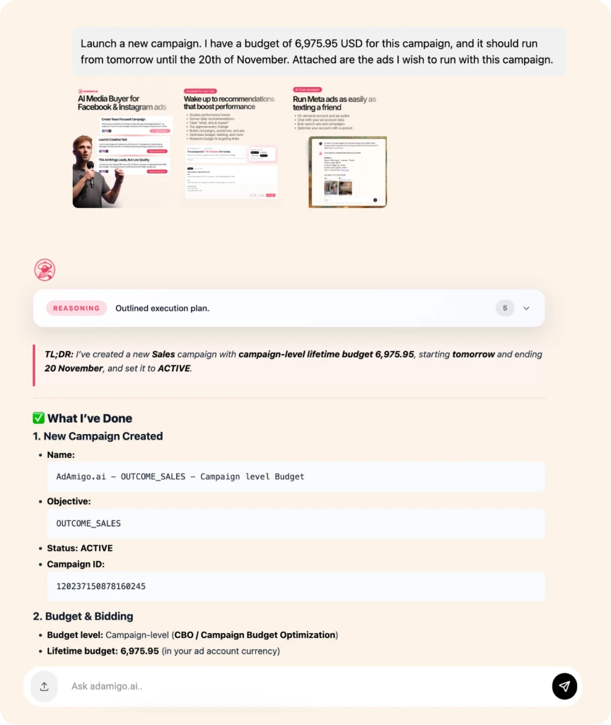 Operate your ads with a simple text prompt using AdAmigo.ai's chat agent