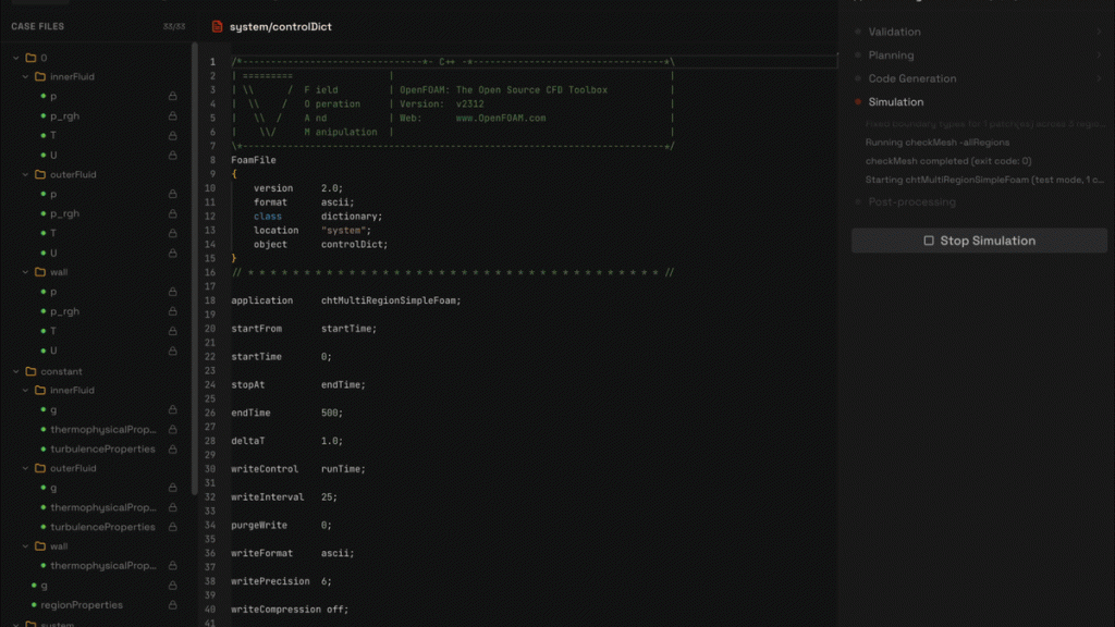 end-to-end run — codegen, residuals, post-processed flow fields