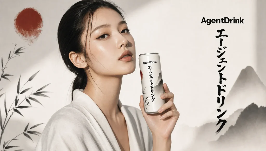 Generated AgentDrink landing-page hero — model holding the can in a minimalist Japanese composition