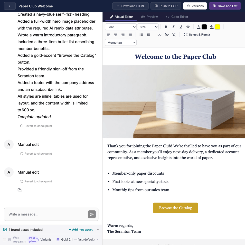 AI Design Studio: the generation chat on the left and a live preview of the welcome email it built on the right