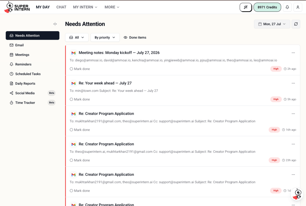 SuperIntern dashboard showing meetings, reminders, and tasks