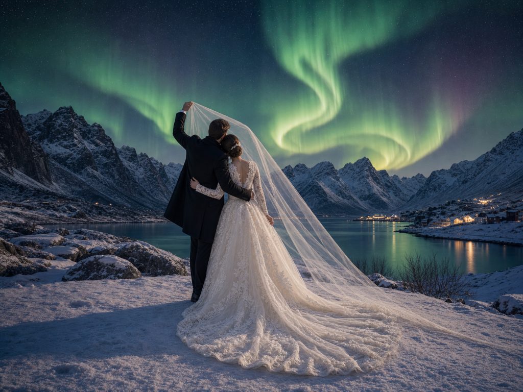 high-quality northern lights AI wedding scene preview