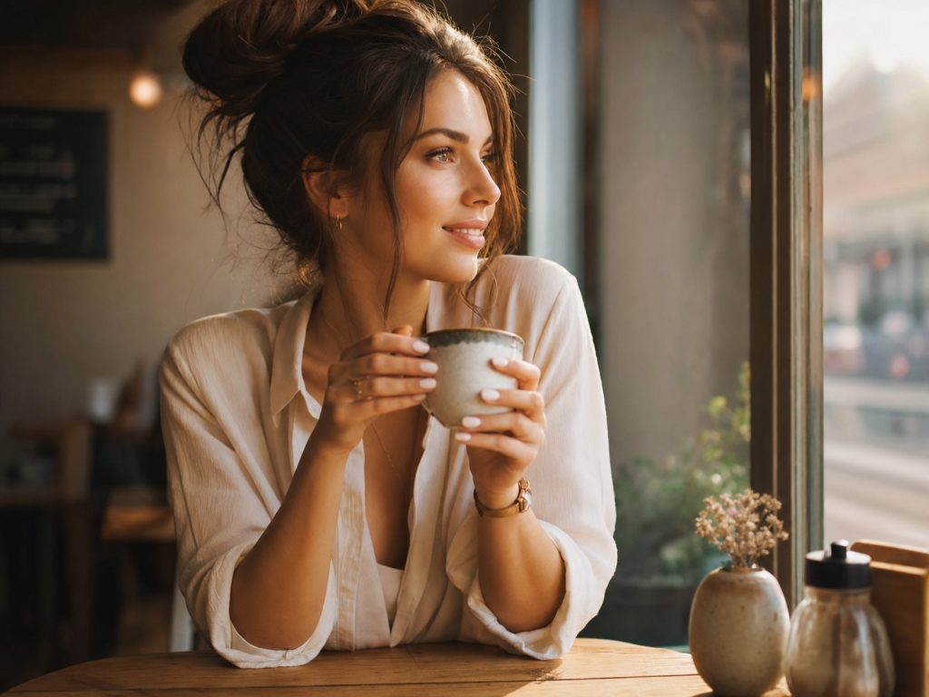 A woman holding a cup beside a window