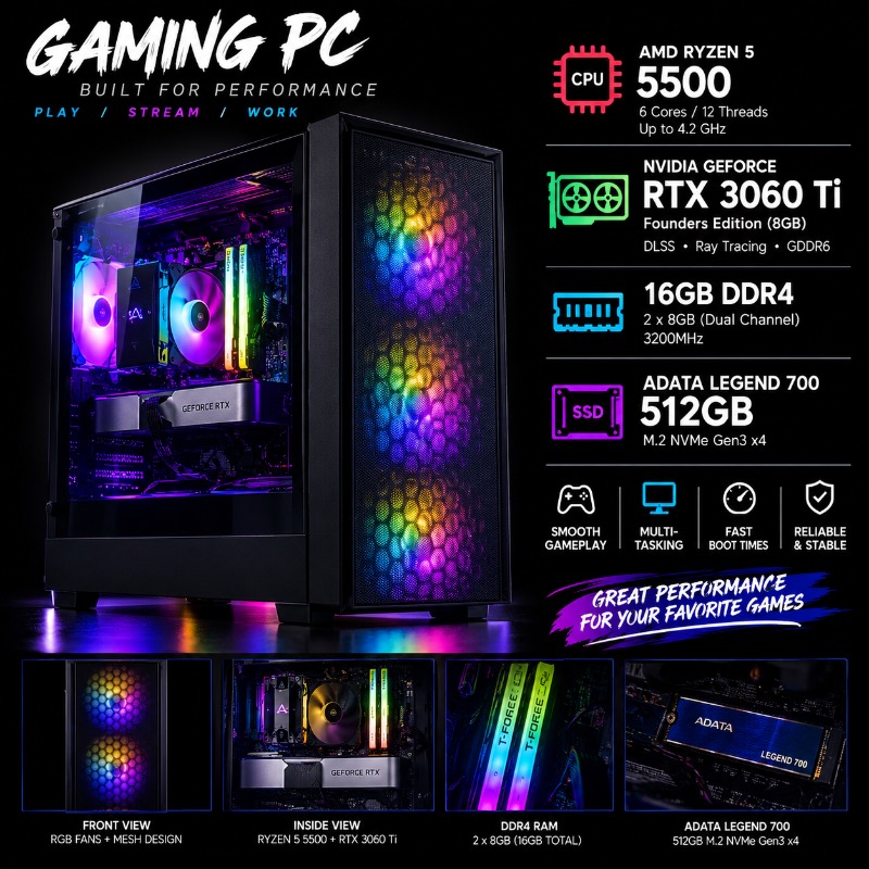 Custom Gaming PC - Ryzen 5 5500 & RTX 3060 Ti - High Performance for sale in FL — $850 on TheTradingPost.ai