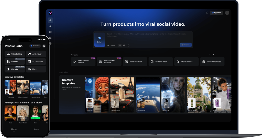 Vmake Labs web workspace on a laptop and mobile app interface