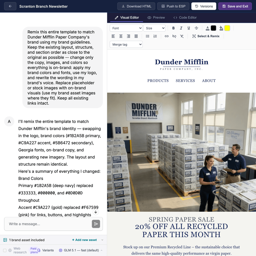 Builder showing a gallery template fully rebranded by Remix for My Brand, with the AI explaining what changed
