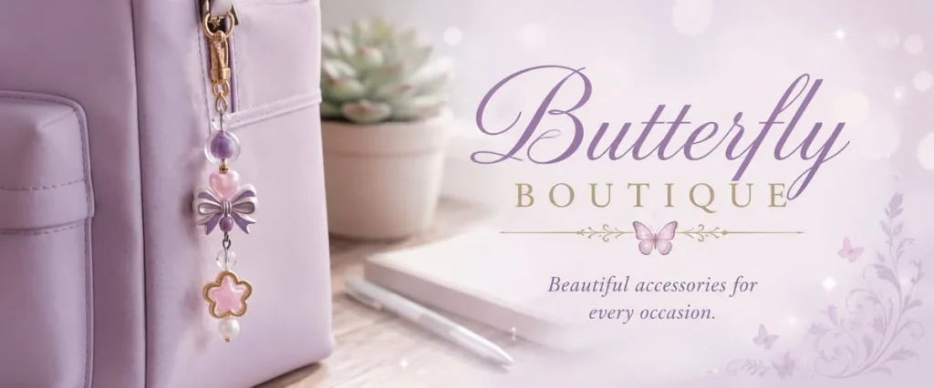 Butterfly Boutique storefront banner with handmade accessories