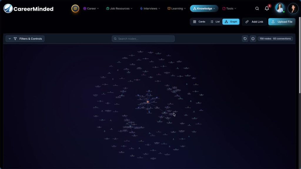 Demo of CareerMinded's career knowledge graph linking a job application to a bespoke cover letter and resume, then opening that resume.