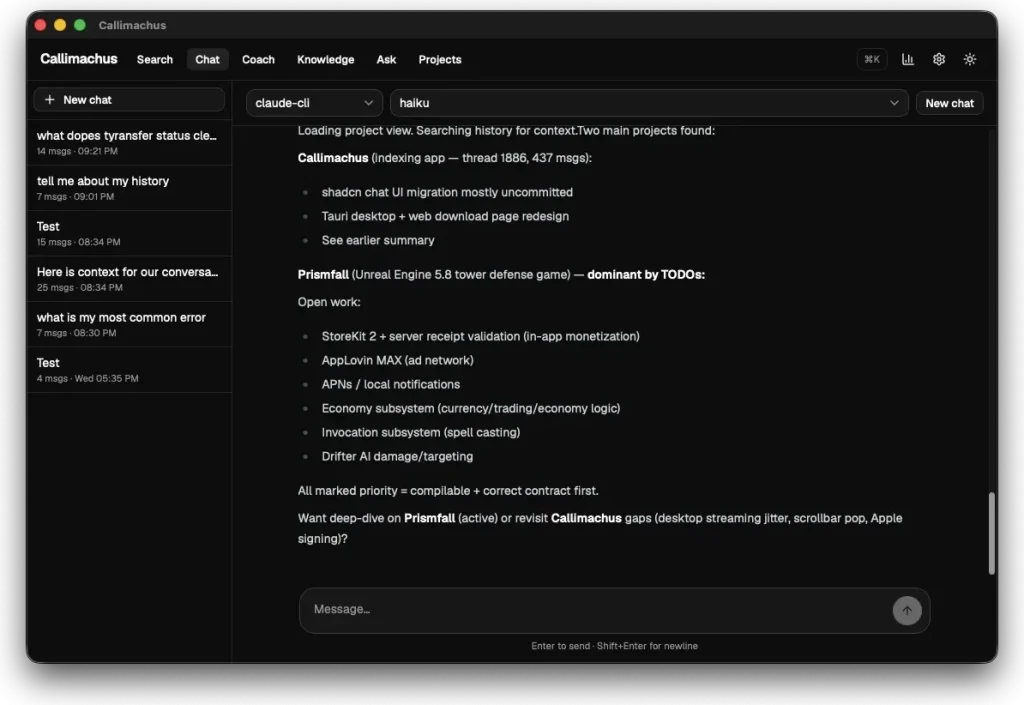 The in-app chat answering over the user's own indexed history, running on a keyless CLI engine