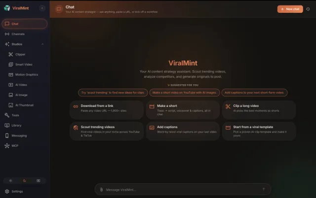 ViralMint chat page — an AI content-strategist thread with eight starter capability tiles: Scout trending videos, Analyze a channel, Scout trending news, Download a video, Make a video, Edit a video, Review my hook and Connect Telegram bot.