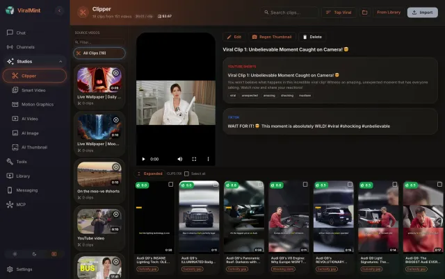 ViralMint Clipper showing a source-video list on the left, the selected clip previewed in 9:16 with its AI-drafted YouTube Shorts and TikTok metadata beside it (title, description, hashtags), and a filmstrip of extracted clips below, each stamped with a virality score and its runtime.