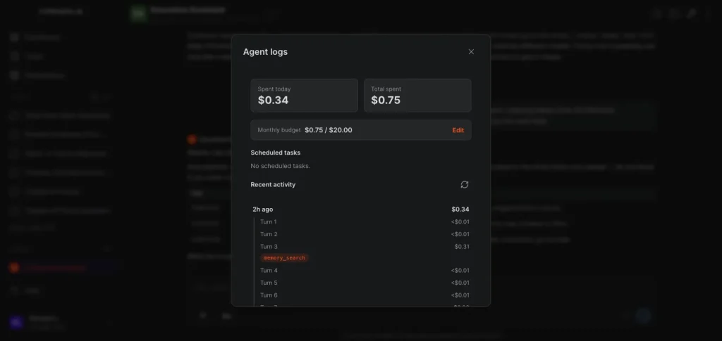An agent’s log panel with spend counters, a monthly budget and per-turn activity