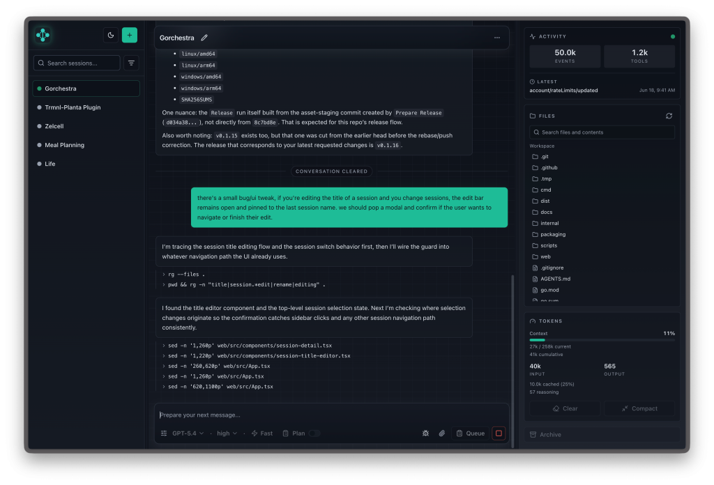 Gorchestra main session view with live transcript, activity rail, file explorer, and prompt composer
