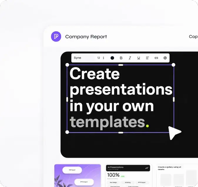 Presentation canvas editing text inside a custom company report template