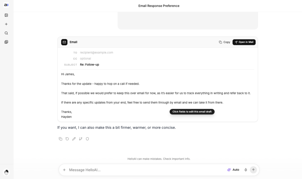 An email draft with To, CC and Subject fields and an Open in Mail button