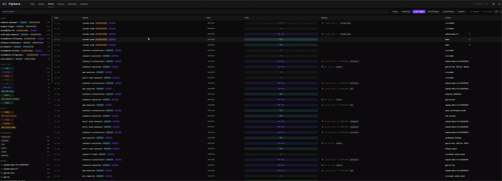 Events search: filter every LLM call, tool use, and policy event by agent, type, framework, and MCP server.
