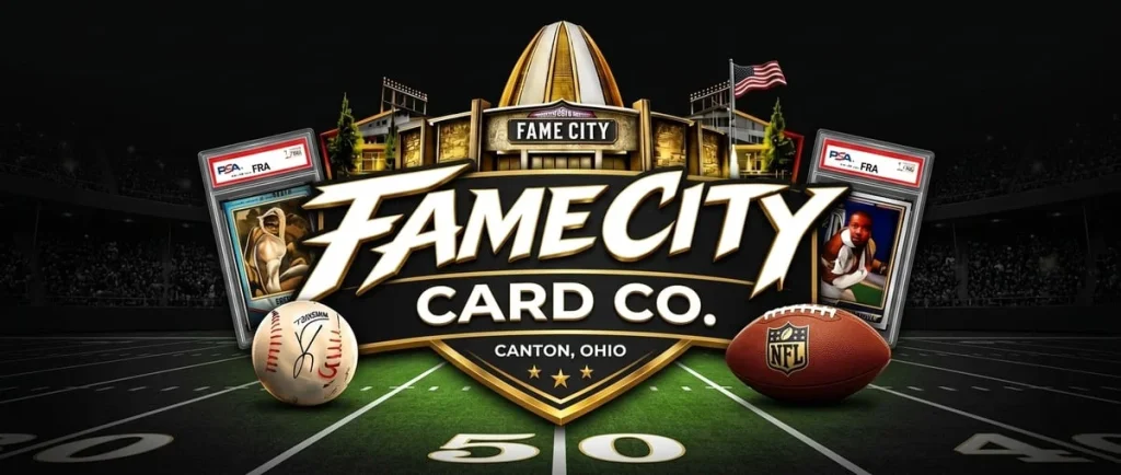 Fame City Card Co storefront banner with trading cards and sports memorabilia