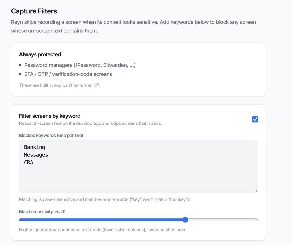 Reyn's capture filters settings — block screens by keyword with adjustable match sensitivity