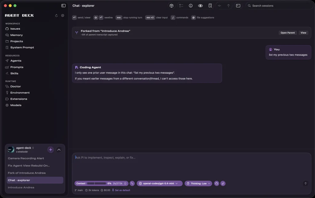 Agent Deck session forked from another session, in a 1:1 agent chat