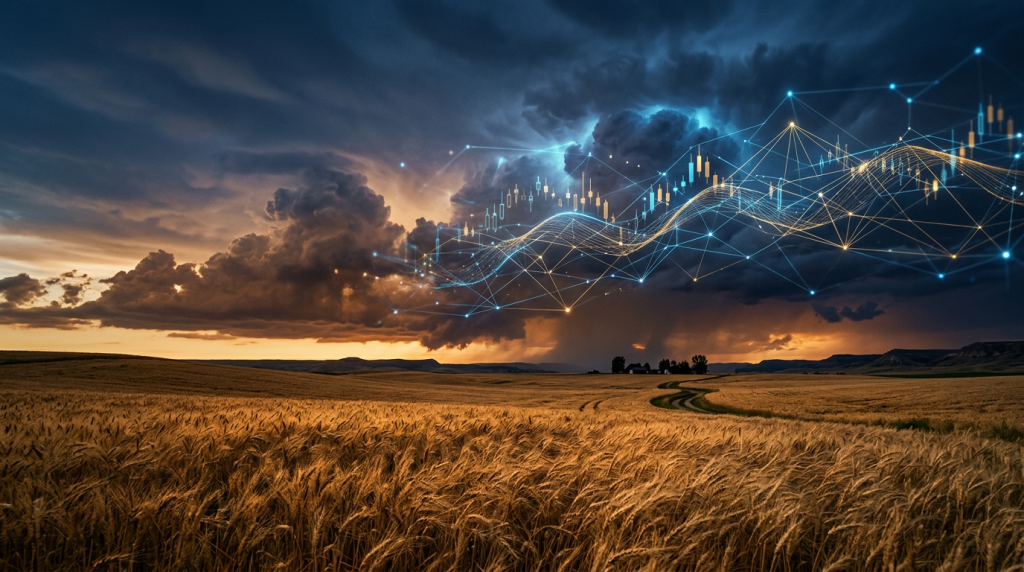 Grain fields with market data overlay