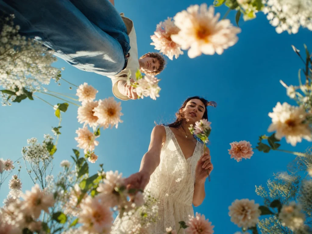 OpenArt low-angle floral cinematic still frame