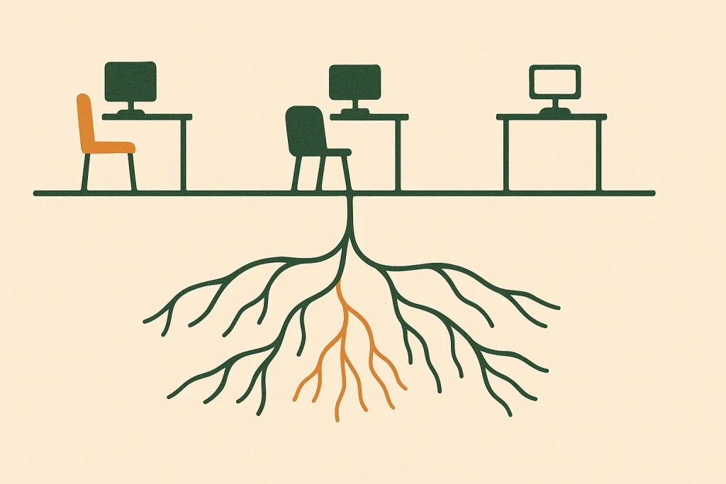 Editorial illustration of three separate desks with monitors, disconnected above ground but joined by a single shared root system growing underneath them, representing a shared memory layer beneath isolated agents.