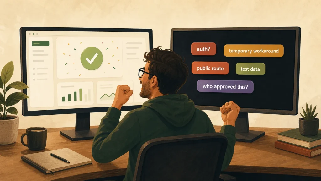 Editorial illustration of a developer working on a growing application while reminders and warnings stay visible nearby.