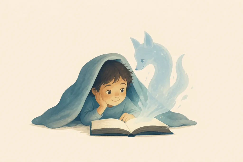 Un enfant lit sous sa couverture, un animal imaginaire sort du livre