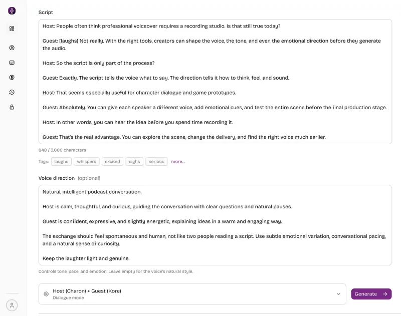 Speakora dialogue mode with two speakers, voice direction, and audio tags