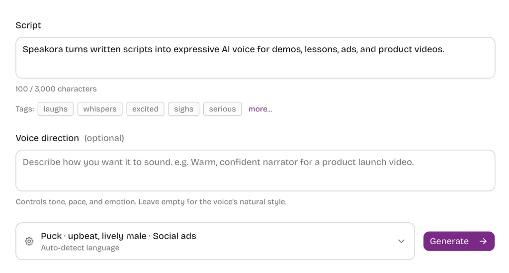 Speakora voice settings with voice previews and use-case descriptions