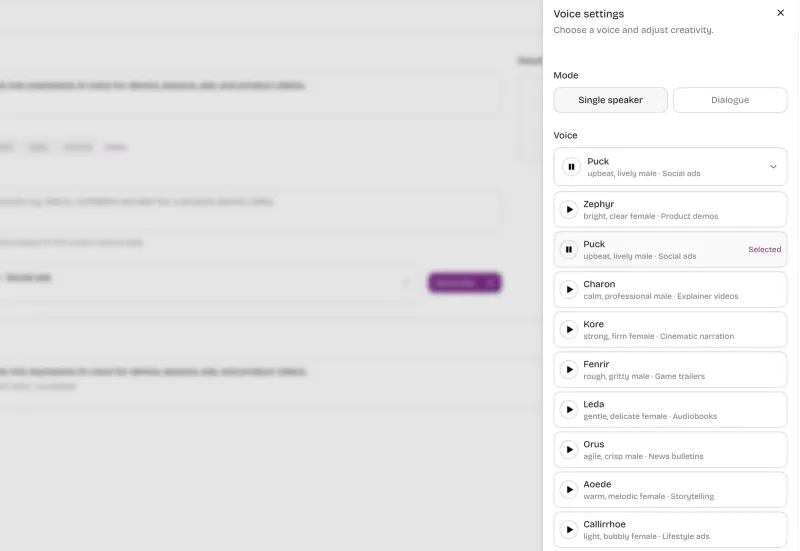 Speakora Voice Studio with script, voice direction, generation, and history areas